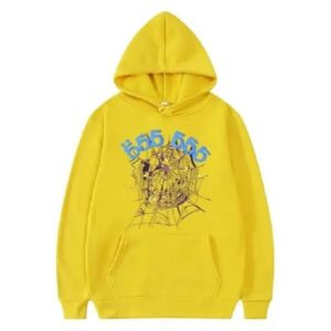 Yellow Sp5der 555555 Angel Number Hoodie adding a pop of color to a minimalist outfit
