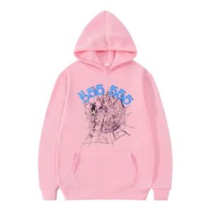 Female model wearing the vibrant and stylish Sp5der 555555 Pink Hoodie