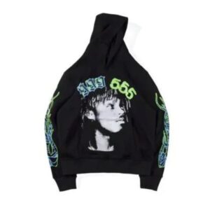 Photo 1 Sp5der Young Thug 555 Hoodie against a cityscape the front side