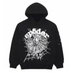 Photo of Black Sp5der OG Web Hoodie from the front, highlighted by a striking white spider web pattern.