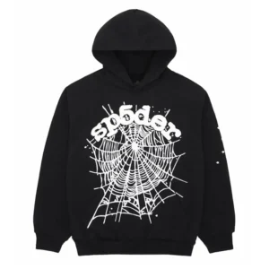 Photo of Black Sp5der OG Web Hoodie from the front, highlighted by a striking white spider web pattern.