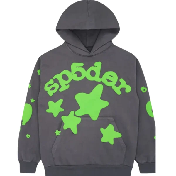 This image shows Sp5der Beluga Hoodie Grey/Green from the front side